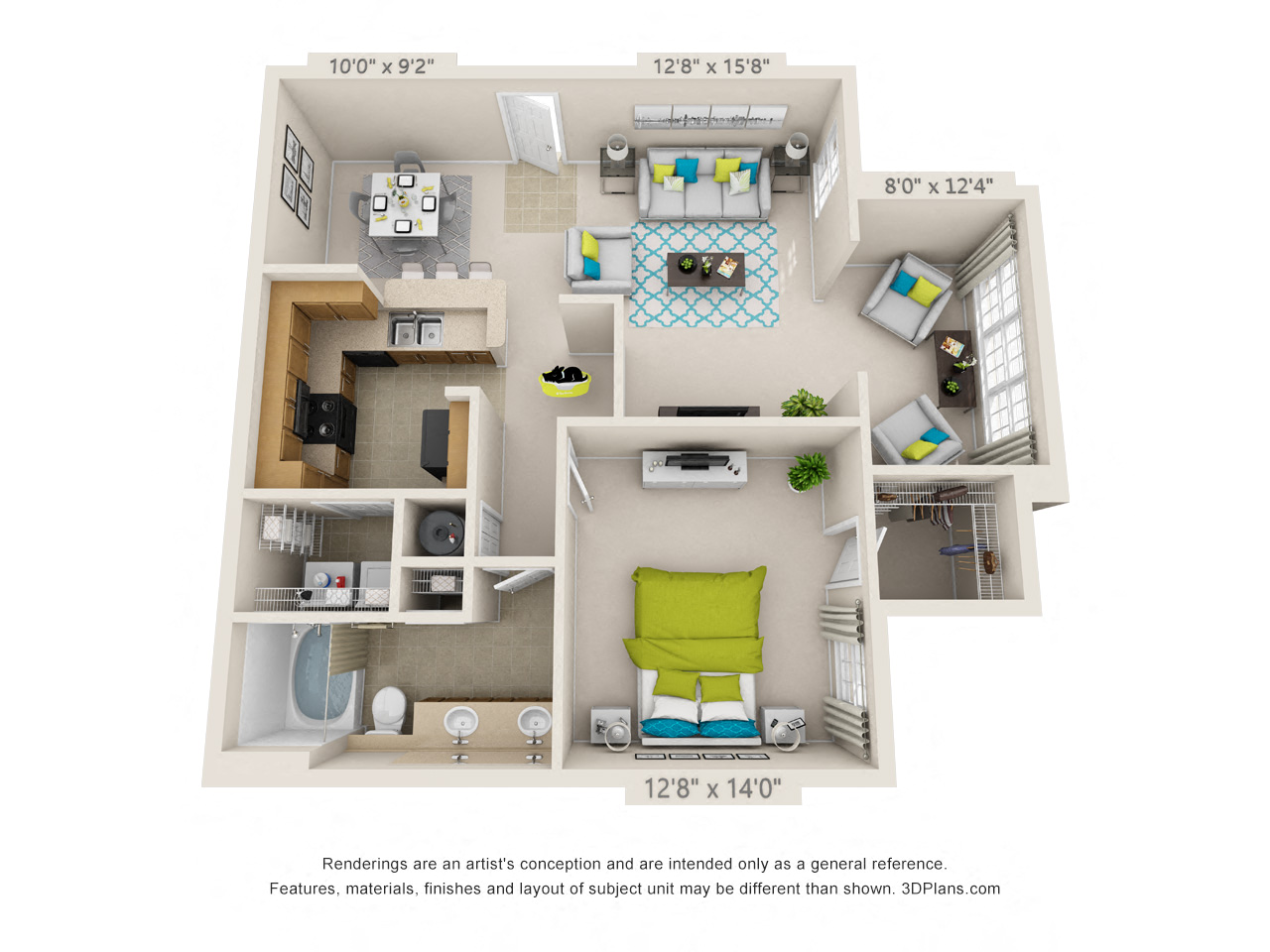 Floor plan for 1 bed, 1 bath, 912 sqft